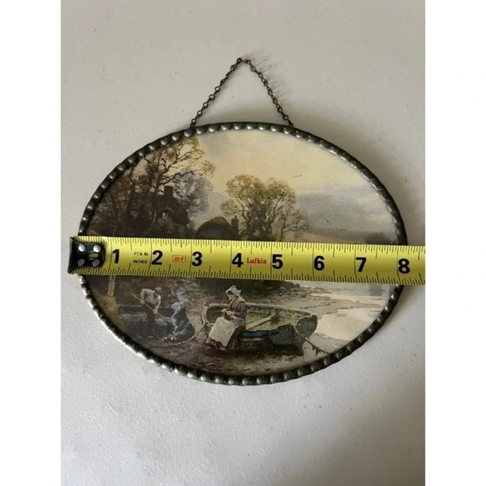 Vintage German Oval Wall Print‎ Scalloped Metal Frame Coastal Village Scene 8x6